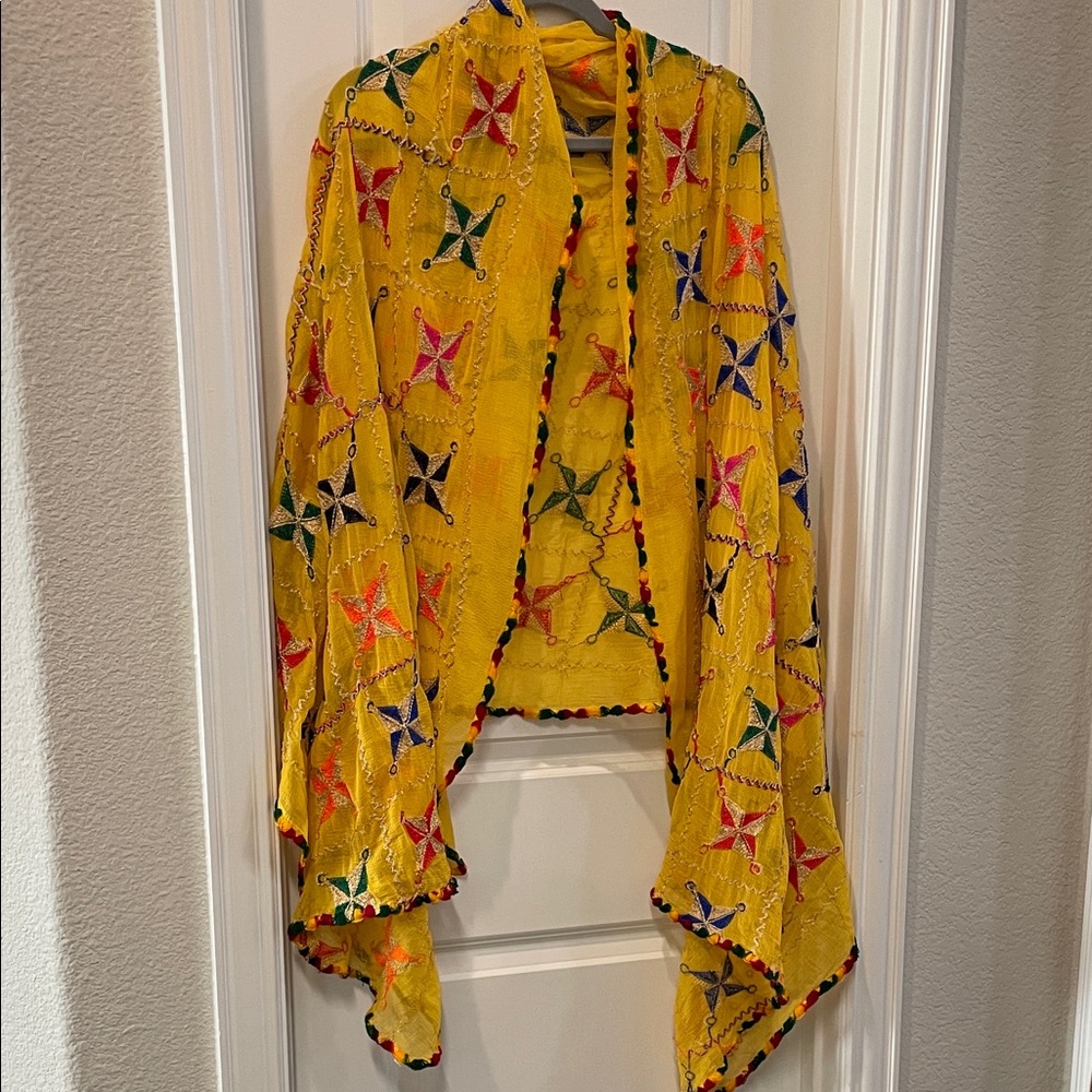 Vibrant Yellow Star Embroidered Scarf